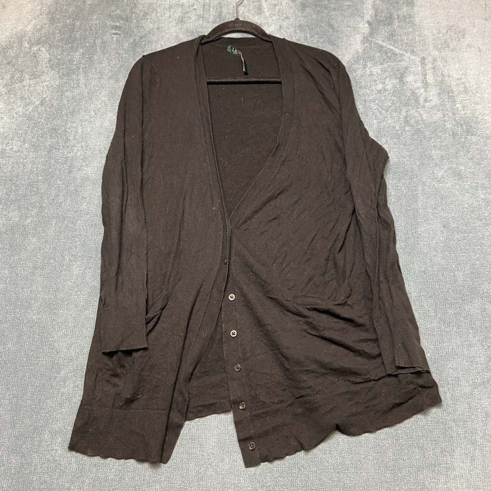 Lauren Ralph Lauren Cardigan Sweater Womens 1X Black‎ Long Sleeve Button Front